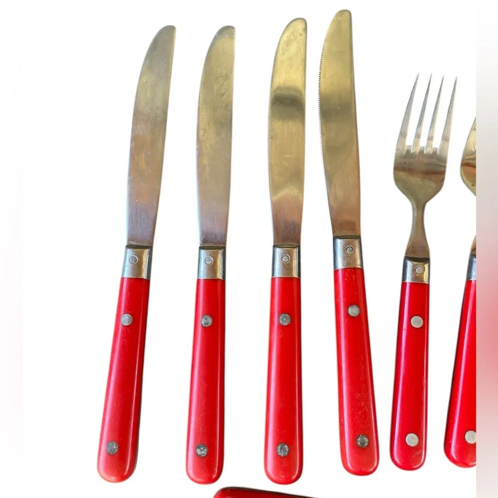 12 Vintage Wesley Carnival Flatware Set Stainless Steel Knives Forks Spoons Red